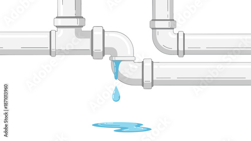 White plumbing pipe system with multiple bends, showing a significant water leak and a puddle forming on the ground below.