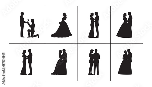 Romantic wedding couples silhouette set including proposal scene and affectionate embraces ideal for invitations design