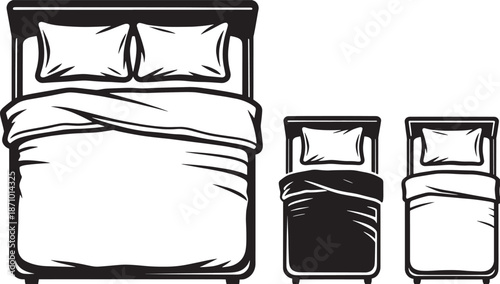 Bedroom Furniture: A top-down monochrome illustration of a bed and pillows presents a clean and simple minimalist view.