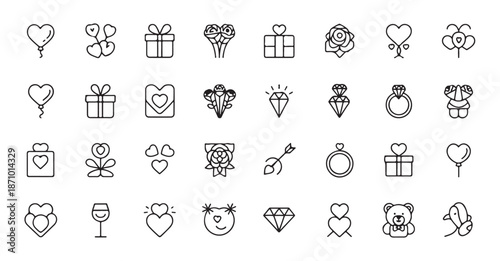 Variety of love and valentine's day outline icons with hearts, gifts, flowers, rings, and balloons