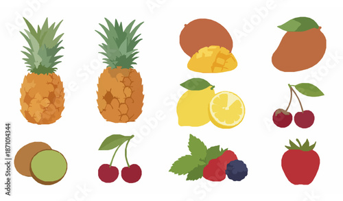 Watercolor-style tropical fruit vector illustration set isolated on white background