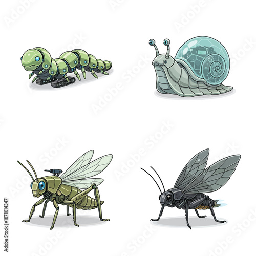 Four distinct robotic insects and creatures, including a caterpillar, snail, grasshopper, and fly, depicted with mechanical details and futuristic designs.