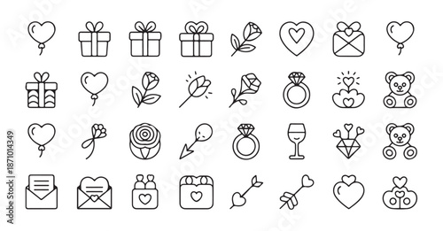 Collection of love and valentine's day outline icons with hearts, gifts, flowers, rings, and teddy bears