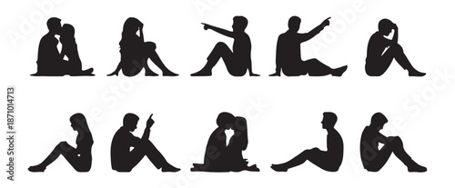 Silhouettes of people sitting collection vector illustration couple hugging dating pointing and resting on ground