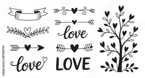 Hand drawn set of love and romance design elements includes calligraphic word love arrows heart shapes and dividers vector