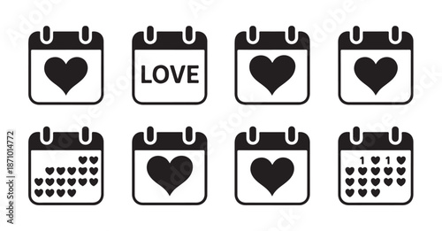 Collection of eight simple valentine calendar icons with heart shape and love word designs