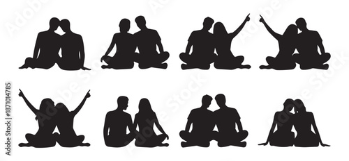 Couple sitting silhouette set vector illustration friends sitting crossed legs pointing up and resting together