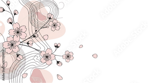 Delicate cherry blossoms in bloom on a branch with gentle, flowing lines and soft pink hues against a clean white background
