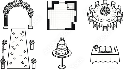 Elegant arrangements for a wedding ceremony, including a wedding cake and dinner table setup, which represents the significant elements in a beautiful celebration.