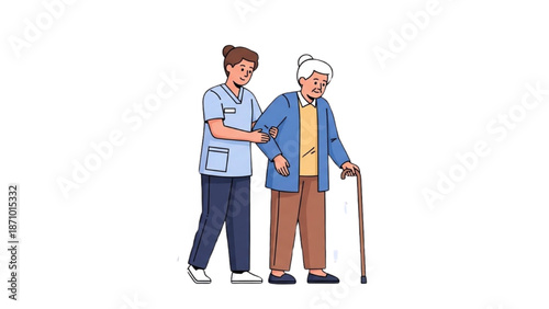 Caregiver assisting an elderly person with a cane in a supportive environment.