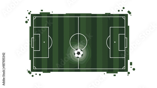 Aerial view of a soccer field with a ball at the glowing center, featuring a gritty, dark green texture and worn edges.