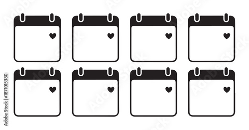 Empty calendar squares with small hearts in corner, representing romantic dates and love on white