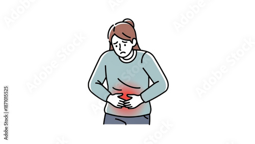A woman experiencing stomach pain while holding her abdomen in distress