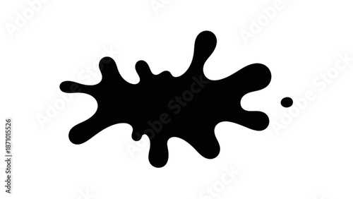 A black ink splash is seen on a white background from a direct viewpoint