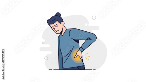 Man experiencing back pain while standing and holding lower back area
