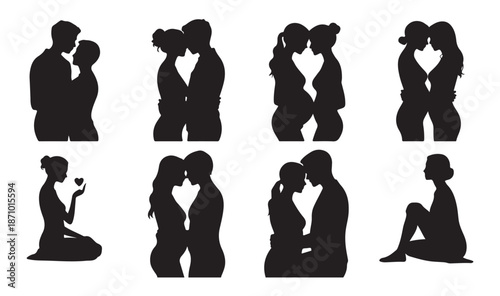 Silhouettes of couples in love various romantic poses hugging kissing tenderly isolated black icons set against white background