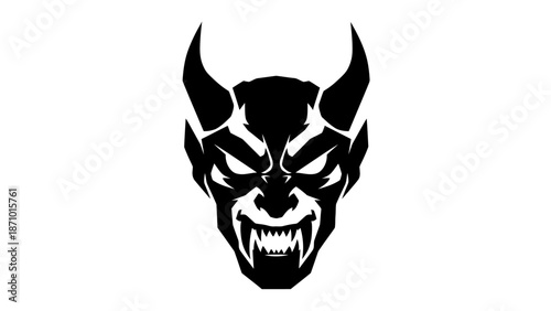 A menacing black and white illustration of a devil's face with sharp teeth and horns on a white background with graphic and design and icon and symbol