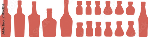 Bottle silhouette, packaging design, red bottles, product shape, container icon, visual set, flat vector illustration