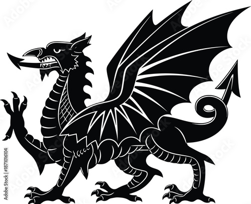 Heraldic dragon silhouette, fierce mythical creature with wings, claws, and curled tail, medieval emblem graphic - flat vector illustration