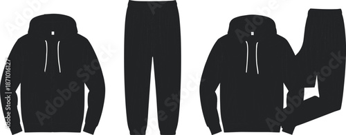 Hoodie and sweatpants silhouette set, casual black outfit combinations, front view clothing icons – flat vector illustration
