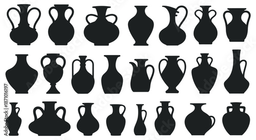 Vector silhouettes of ancient Greek and Roman vases and amphorae, a diverse collection of classical pottery forms and traditional designs