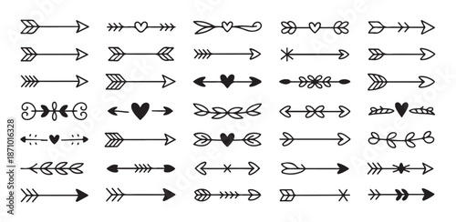 Collection of simple black arrow dividers decorated with hearts leaves and abstract ornamental shapes