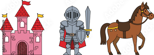 Medieval castle with knight and horse, fantasy scene for kids, cartoon style, royal adventure elements, flat vector illustration