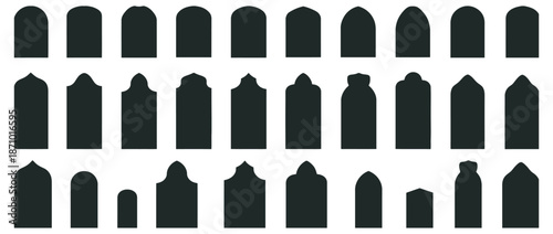 Diverse collection of abstract headstone and grave marker silhouettes, showcasing various classic and modern top designs for memorial graphics
