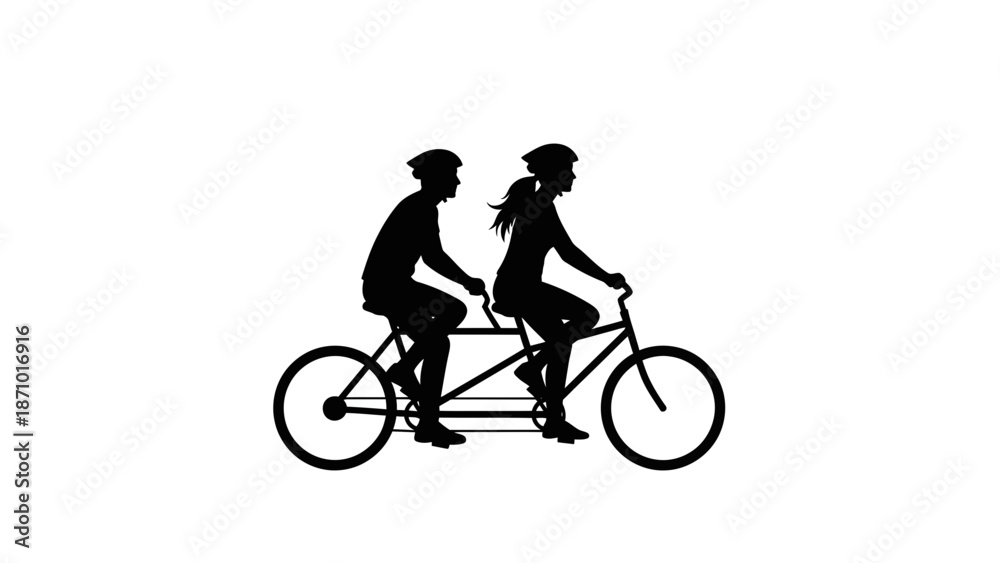 Obraz premium Tandem bicycle silhouette, couple riding double bike together, black vector cycling illustration, outdoor sports and leisure activity icon