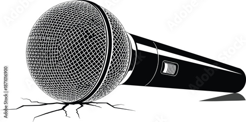 Microphone impact illustration, powerful voice breaking ground, sound performance concept, isolated black white vector art