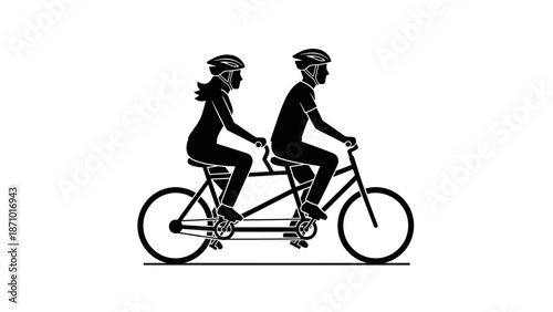 Couple rides tandem bike on road with helmets