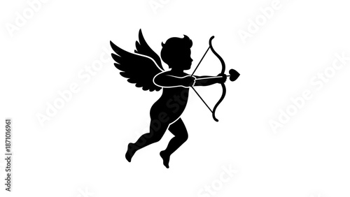 Cupid shoots arrow in air with bow and wings spread wide freely