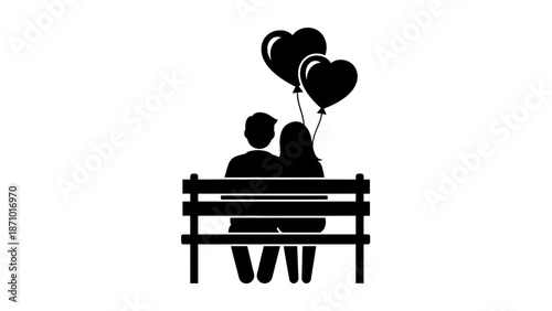 Couple sits on bench with heart balloons Valentine day