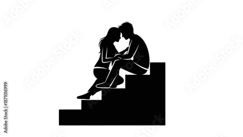 Couple sits on steps sharing love embrace Valentine moment