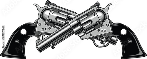 Crossed revolvers illustration, vintage handgun weapons, western gunfight concept, isolated on white background, vector art