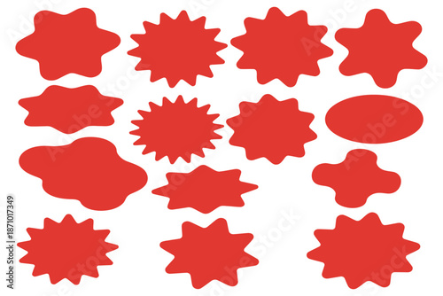 Collection of assorted red starburst shapes and blank space elements for graphic design