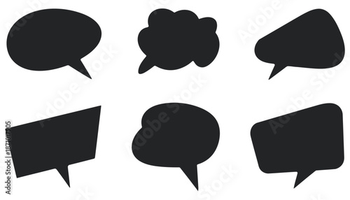 Set of six black speech bubble shapes isolated on a white background, perfect for graphic design and communication concepts