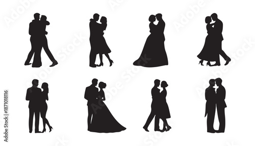 Set of eight elegant silhouette couples embracing and posing for wedding or romantic theme graphics
