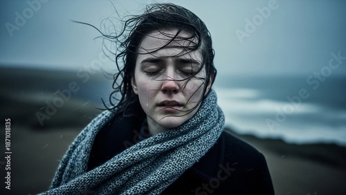 Sad Young Woman Crying In Wind On Cold Overcast Coastline