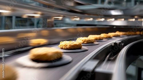 A conveyor belt with a line of food items on it