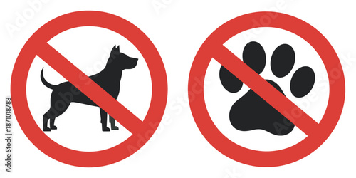 Two circular red warning signs, one with a silhouette of a dog and the other with a paw print