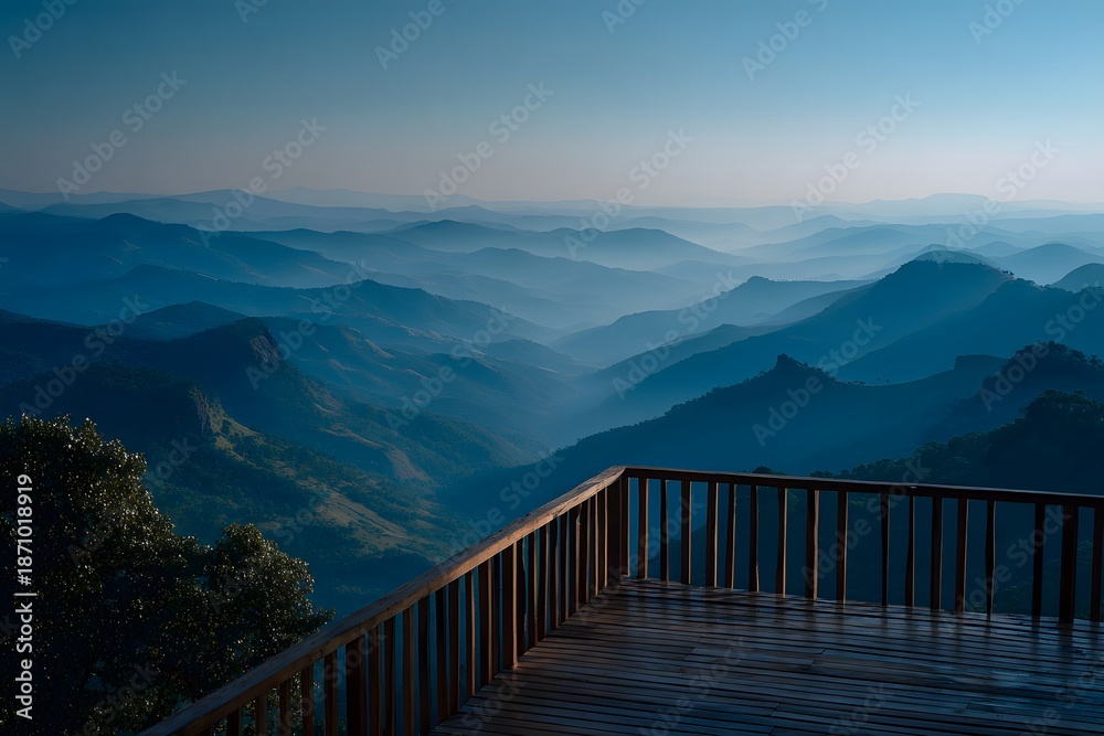 Naklejka premium View from a wooden deck with railing, overlooking a vast mountain range covered in morning mist, layers of blue mountains fading into distance.