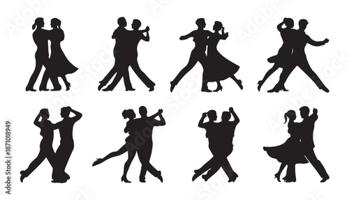 Collection of dynamic couple dance silhouettes capturing energetic ballroom and romantic latin partner movement