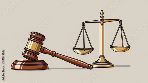 A brown wooden gavel rests on its stand next to a gold scale on a beige background symbolizing justice and law with court and judge and legal