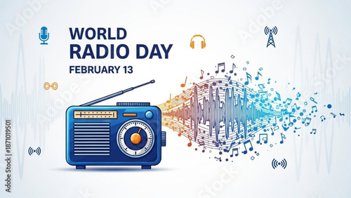 Vibrant world radio day illustration with blue radio and colorful musical notes on white background with sound waves and microphone and headphones