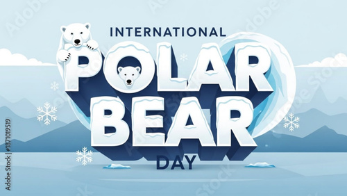 International polar bear day awareness graphic with polar bears and icebergs in a snowy landscape with snowflake and conservation and climate change