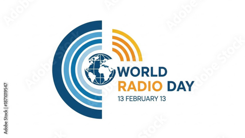 World radio day logo with globe and sound waves on white background for february 13th celebration with communication and broadcasting and media