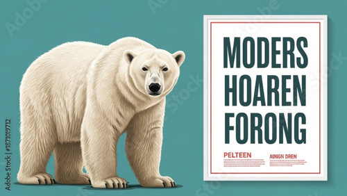 A polar bear standing next to a sign with scandinavian text on a teal background with wildlife and nature and conservation and ecology and environment