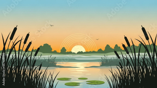 Serene sunset over calm lake with lily pads and cattails at dusk with birds flying overhead in a peaceful natural landscape with nature and outdoor