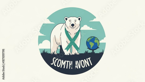 A white polar bear with a green x on its chest standing on grass with a globe and clouds in the background in a circular eco friendly logo design